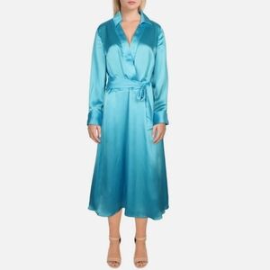 NWT Tahari ASL Hammered Satin Faux-Wrap V Neck Midi Shirtdress Aqua Blue 14